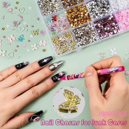 Assorted pink and gold 3D nail art charms in storage grid