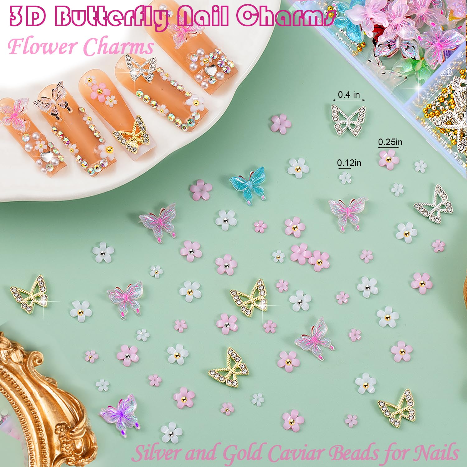 Close up of butterfly and bow nail art decorations