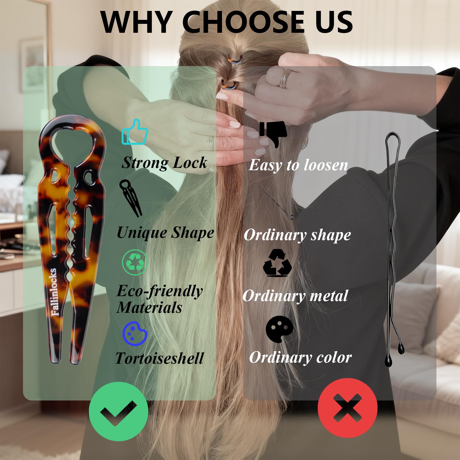 Model demonstrating how to anchor the French hairpin into a low bun hairstyle for secure hold.