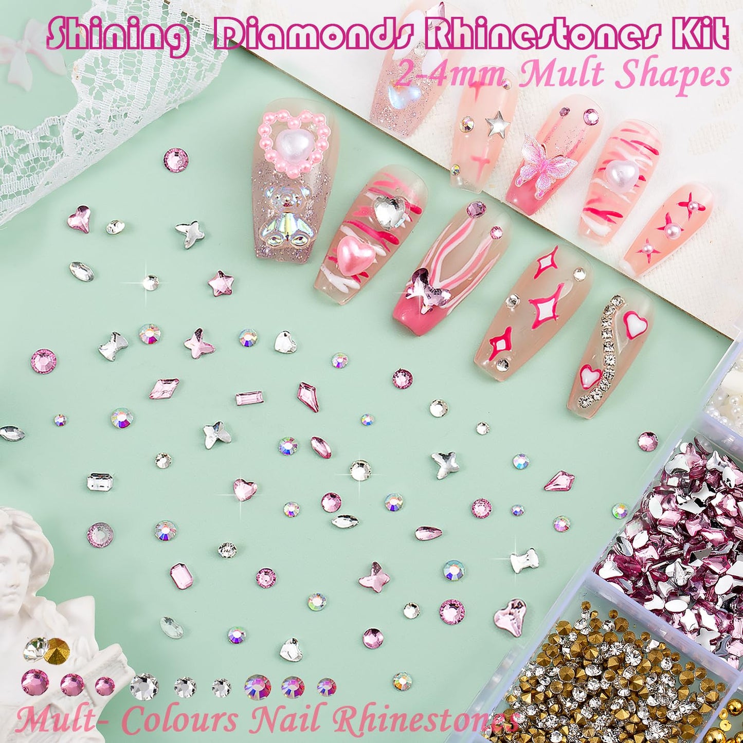 Collection of flatback rhinestones and pearls for manicure design