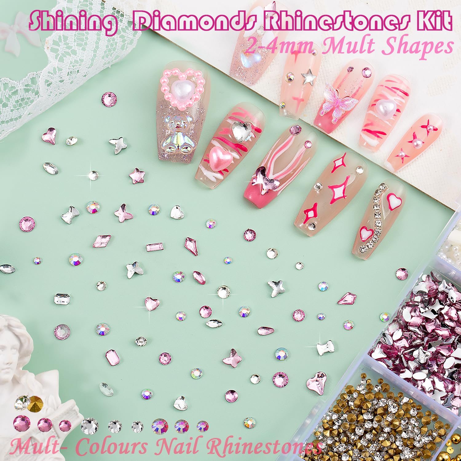 Collection of flatback rhinestones and pearls for manicure design