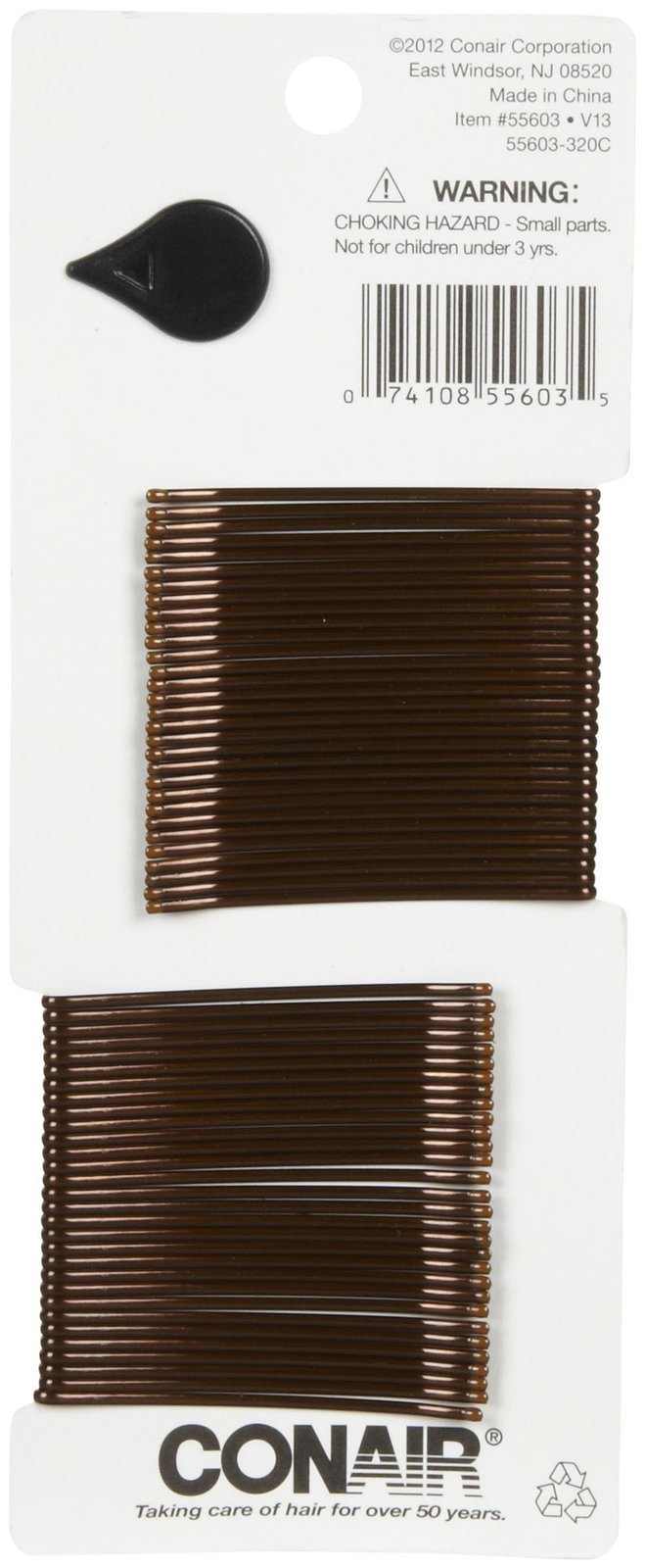 Close up of Conair brown metal curved bobby pins for hair styling