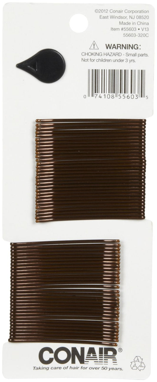Close up of Conair brown metal curved bobby pins for hair styling