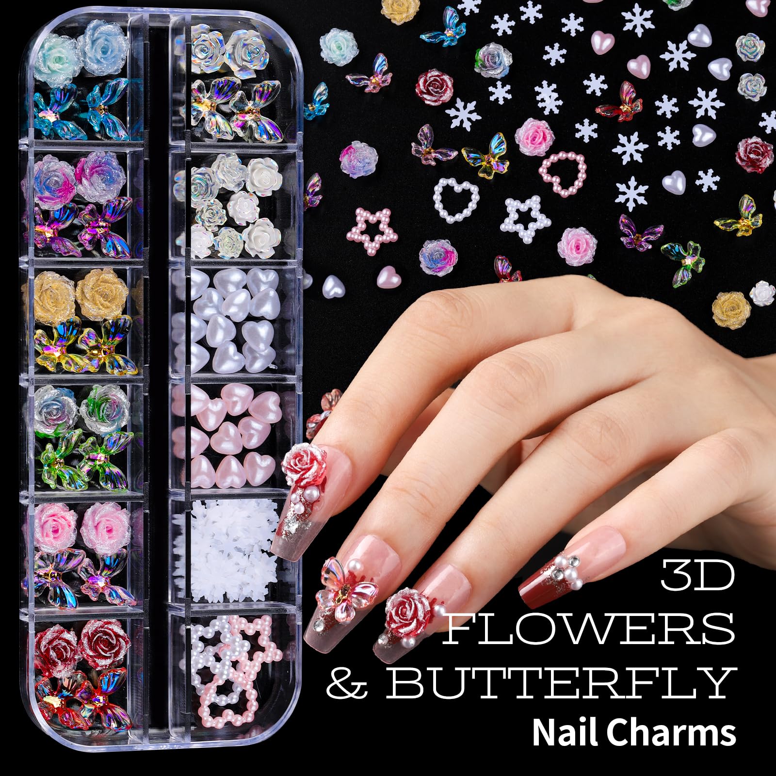Five boxes of 3D nail art charms and gems assortment