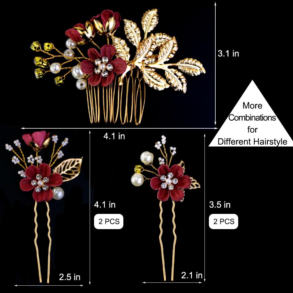 Five pieces of burgundy floral headpieces with pearls and rhinestones