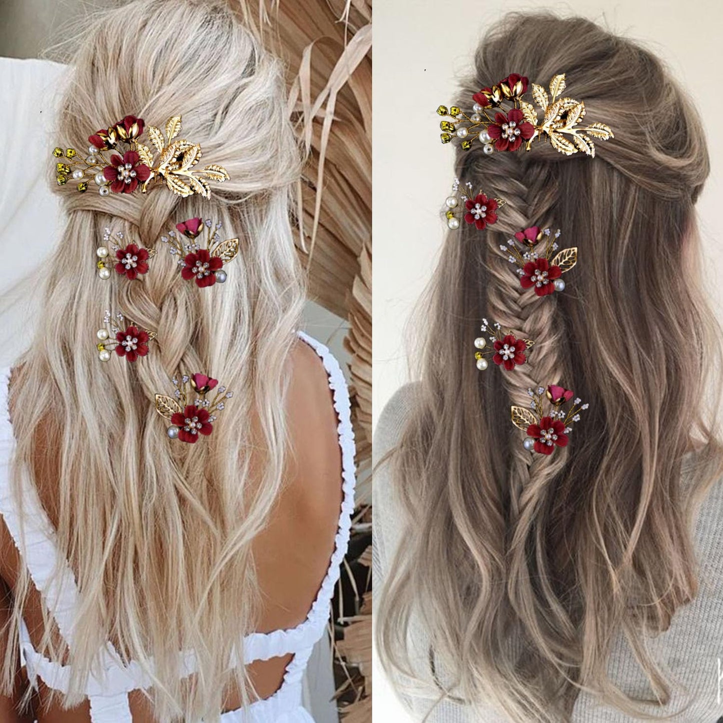 Close up of gold wedding hair accessories showcasing crystal details