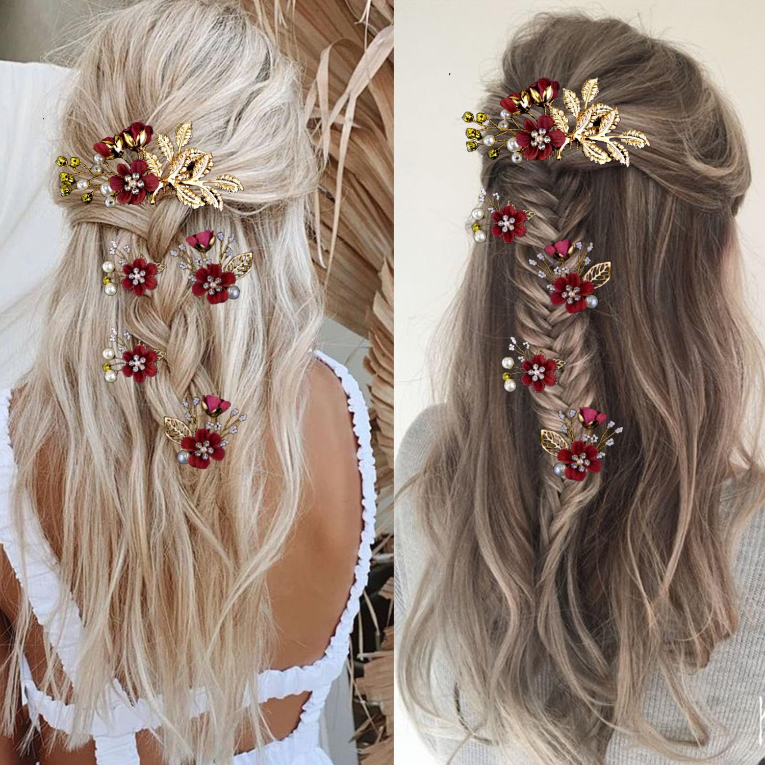 Close up of gold wedding hair accessories showcasing crystal details