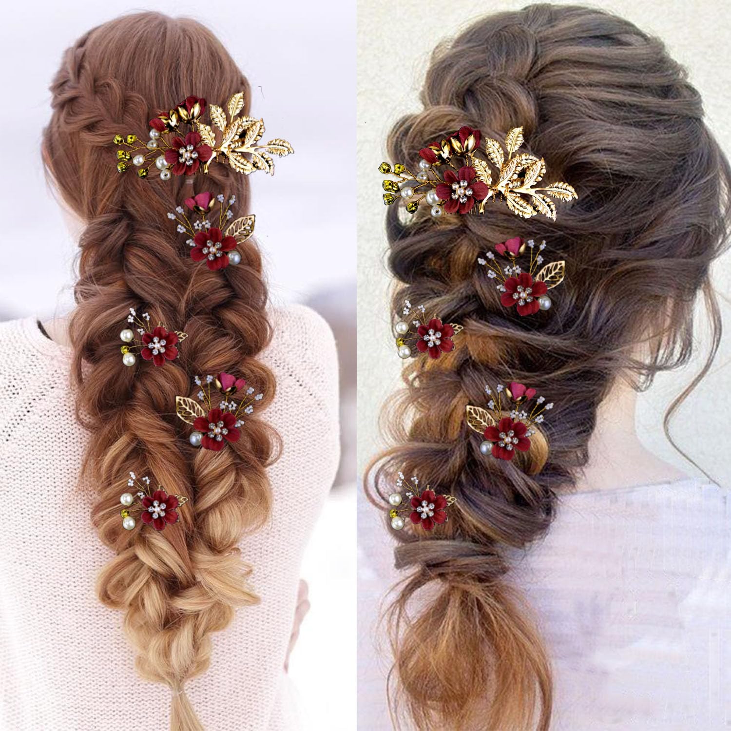 Burgundy flower and gold leaf hair jewelry set for bridesmaids updo