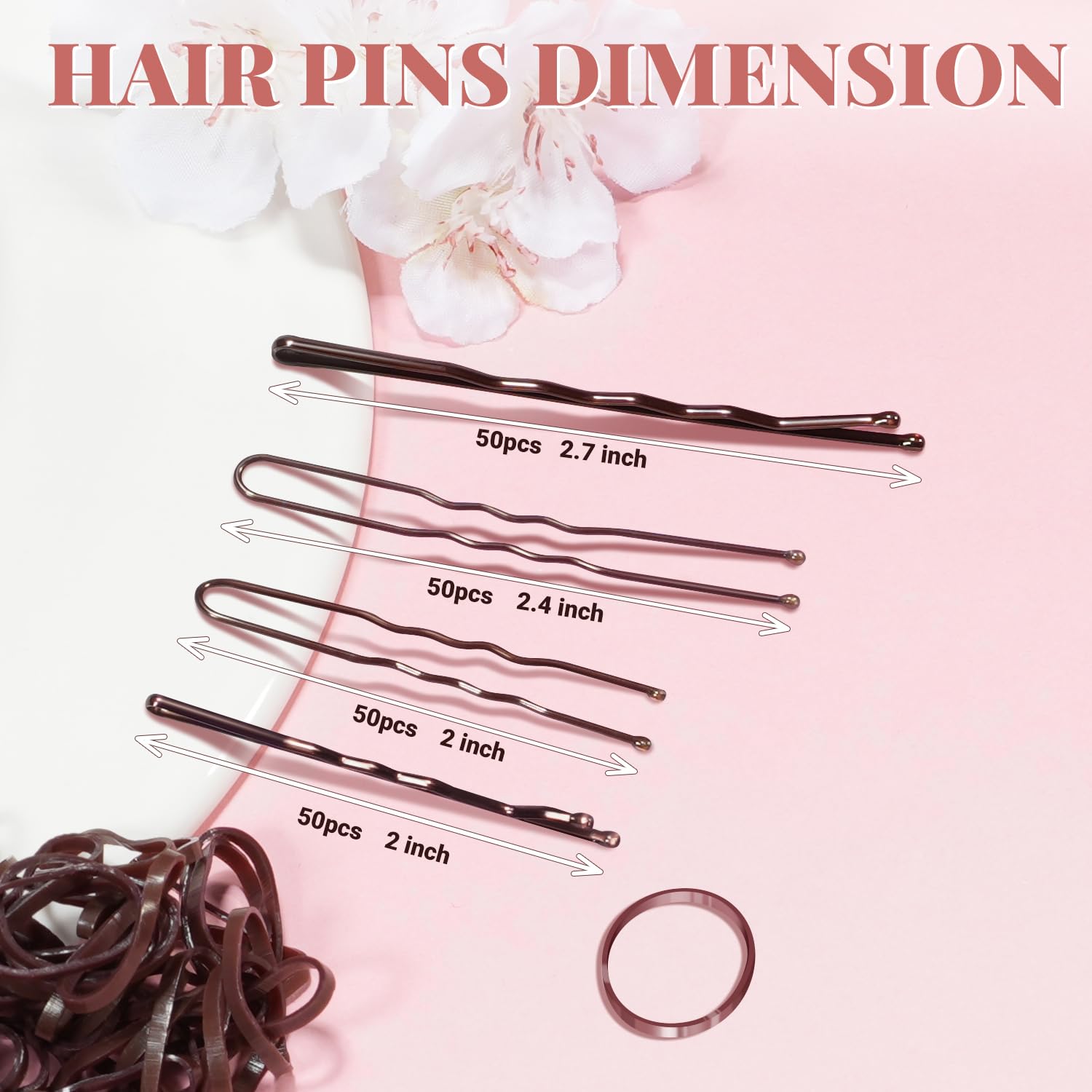 Open compartment organizer box displaying brown elastic hair bands and sheer mesh hair nets for bun styling.