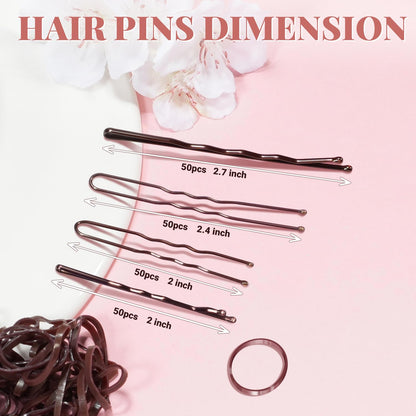 Open compartment organizer box displaying brown elastic hair bands and sheer mesh hair nets for bun styling.