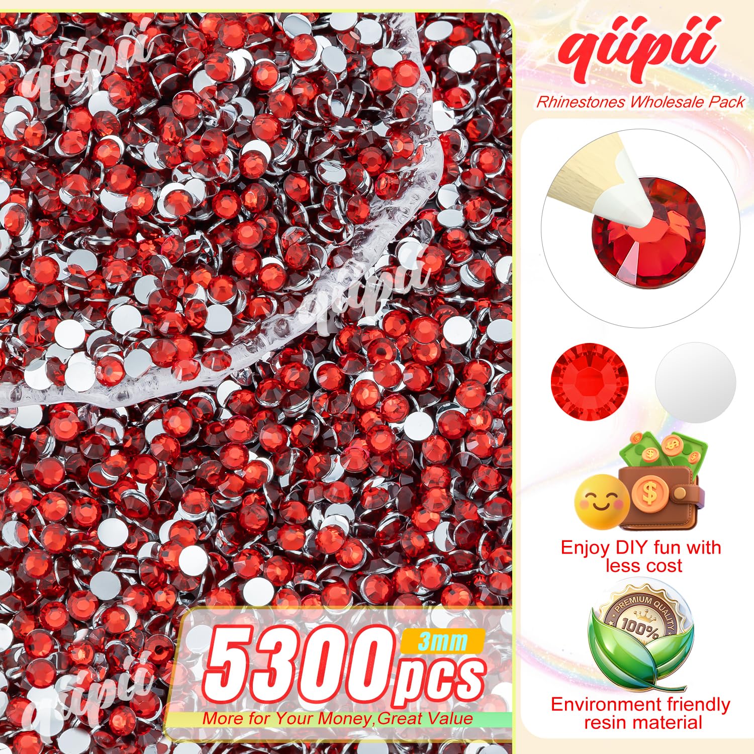 Close up of ruby red flatback craft rhinestones