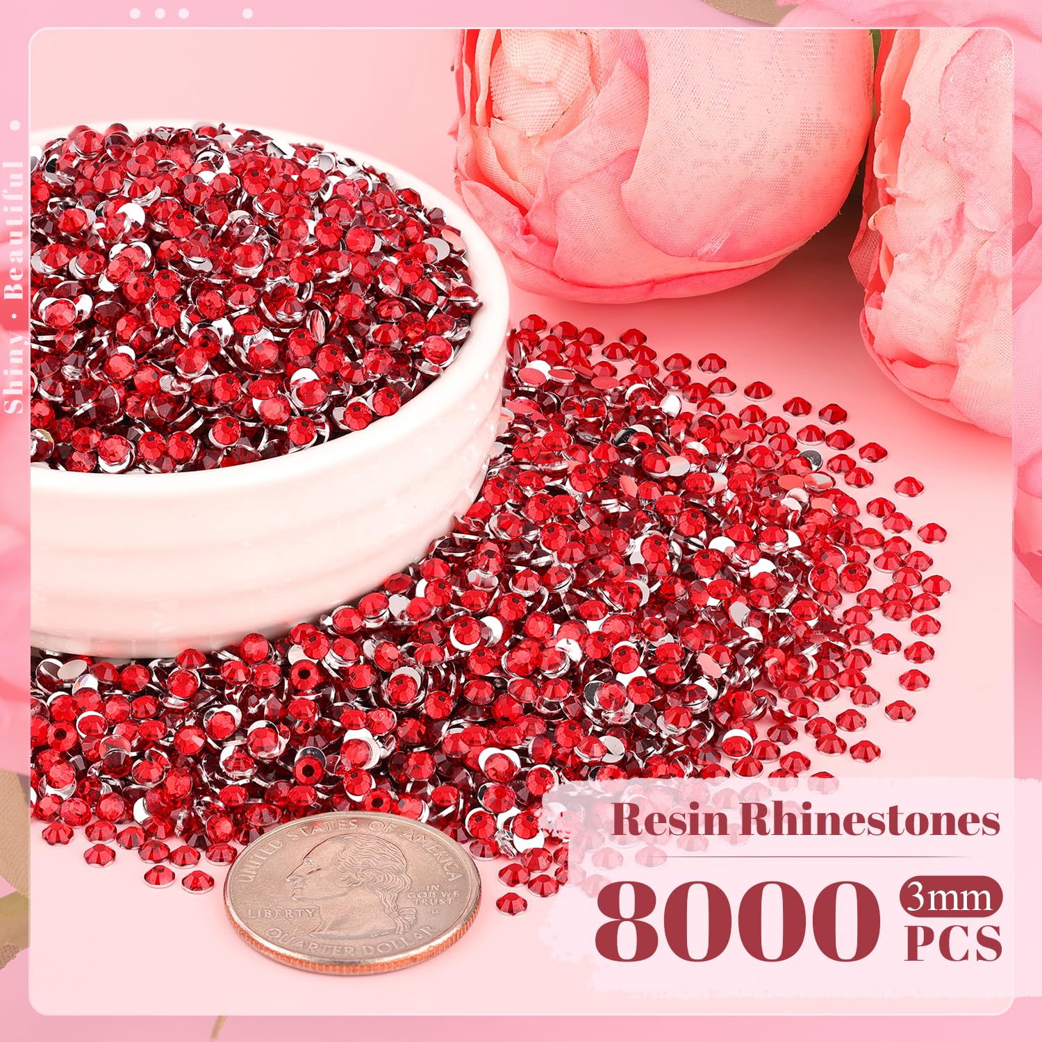 Close up of 3mm red resin rhinestones for crafts