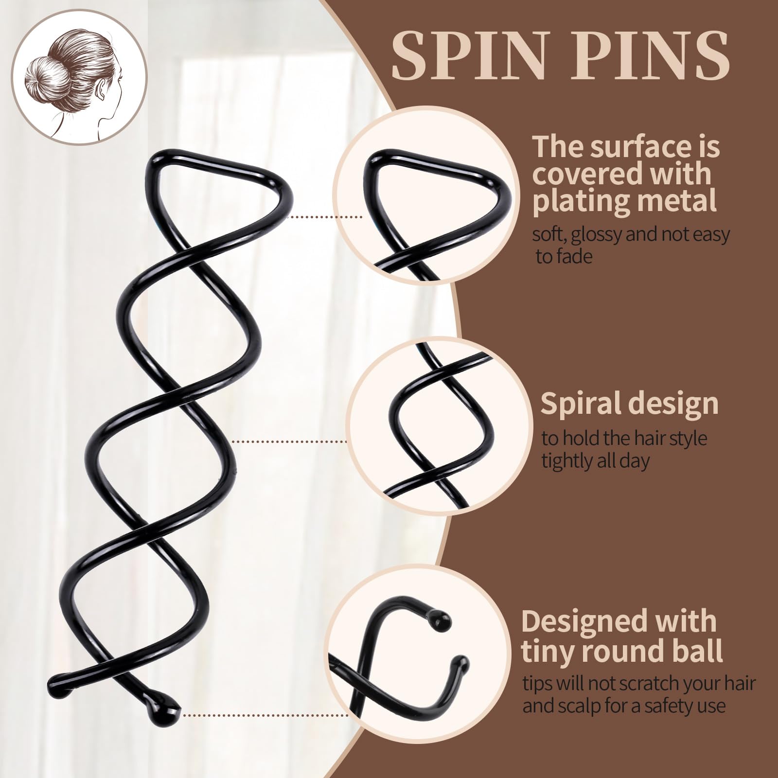 Fandamei spin bobby pins being twisted into a neat hair bun style.