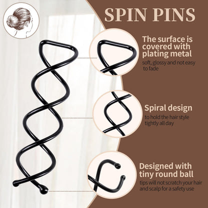 Fandamei spin bobby pins being twisted into a neat hair bun style.