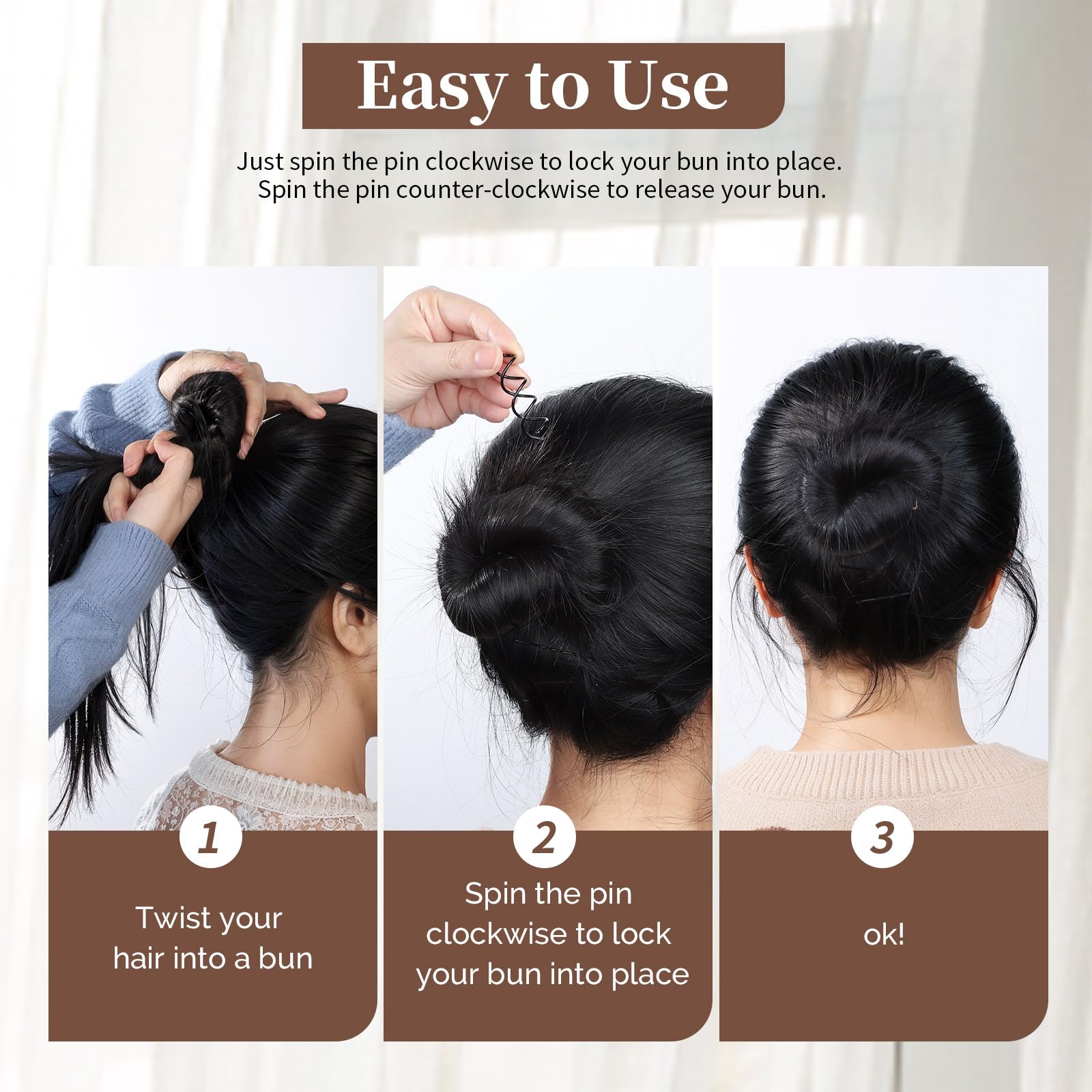 Different sizes of hair updos secured firmly using the black bun twist pins.