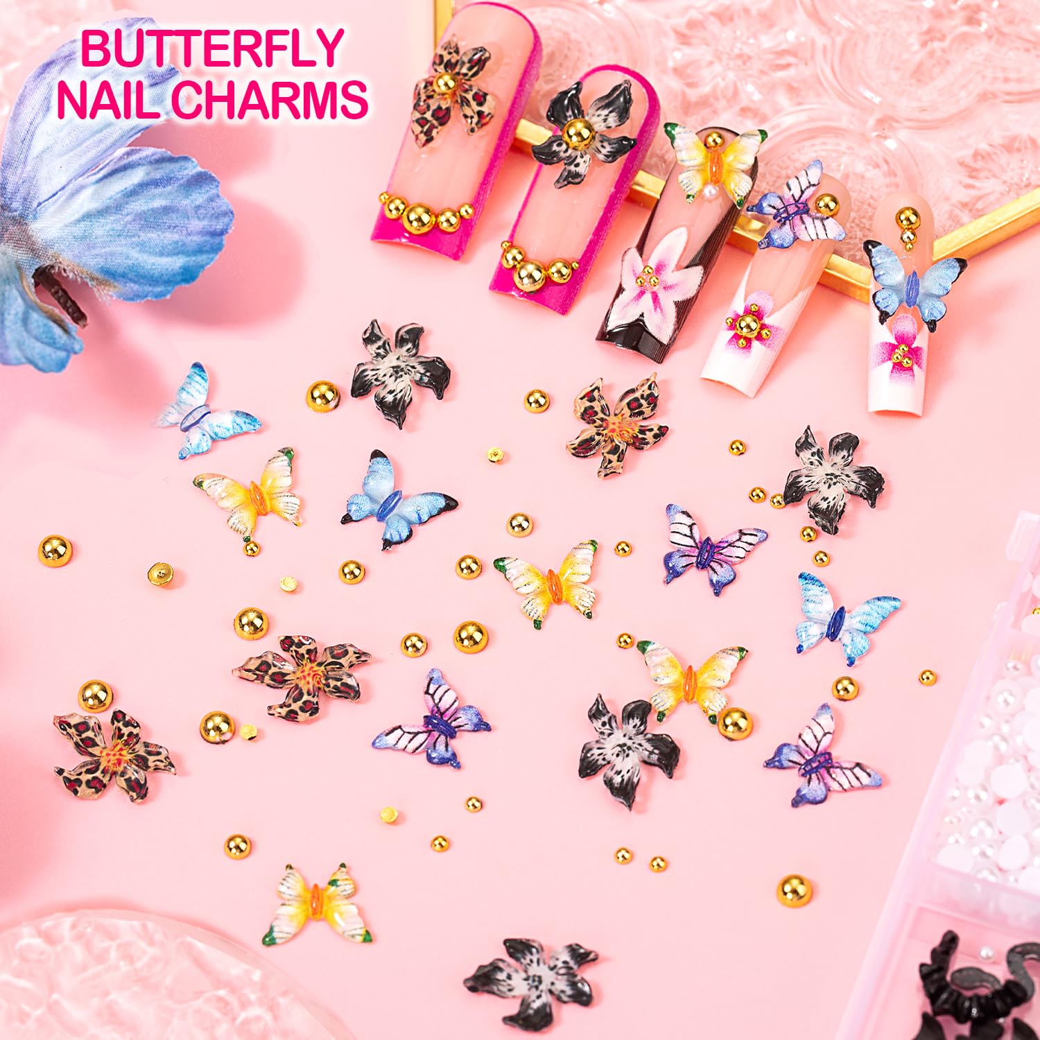 Assorted nail art butterfly and bow charms set