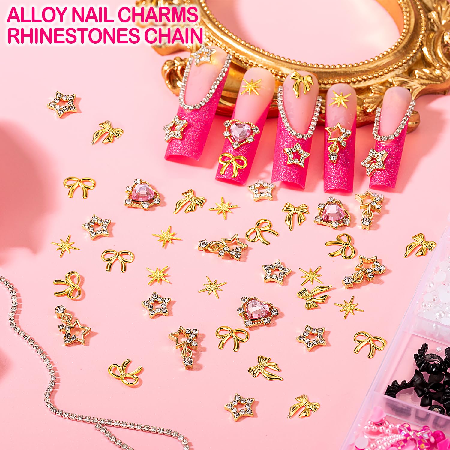 Detailed view of colorful 3D nail gems and pearls