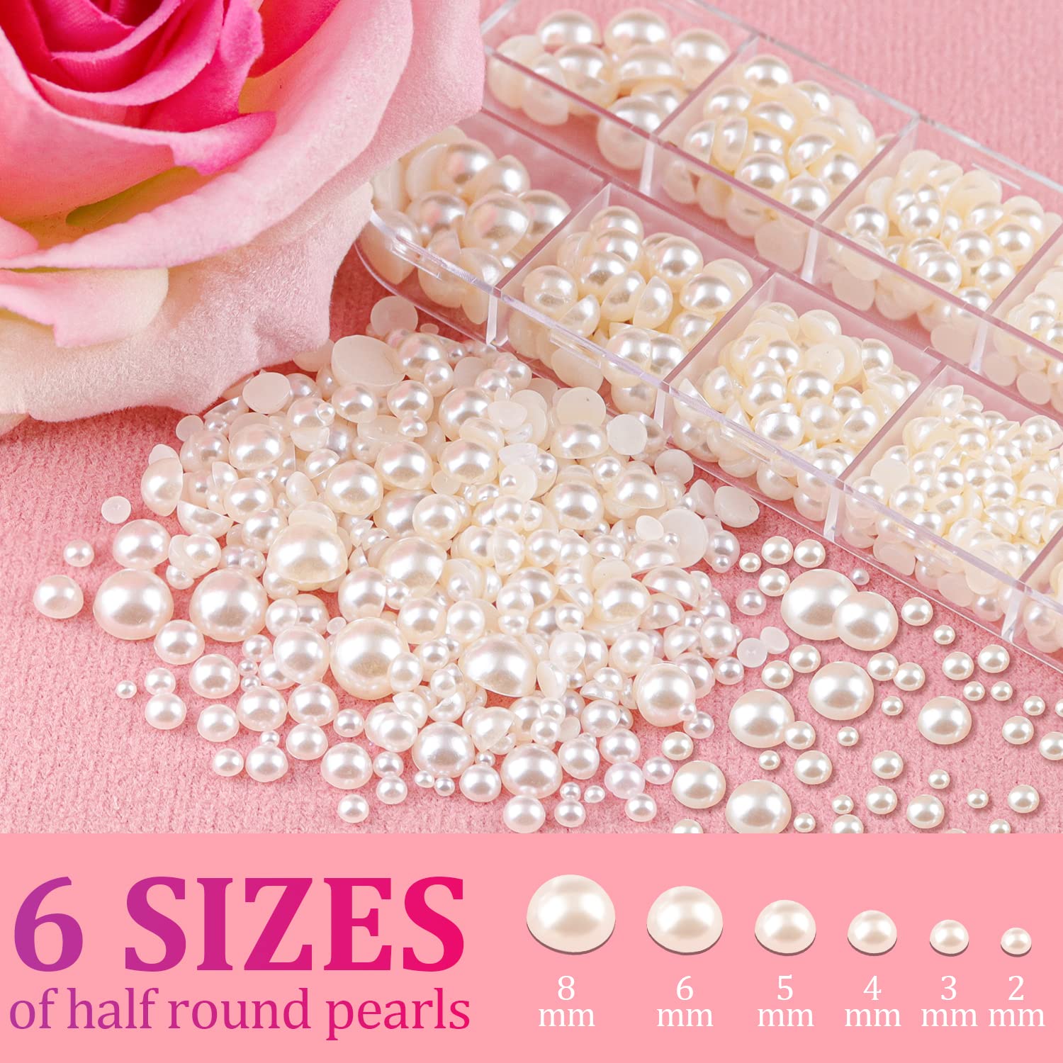 Six different sizes of flat back pearls in grid storage