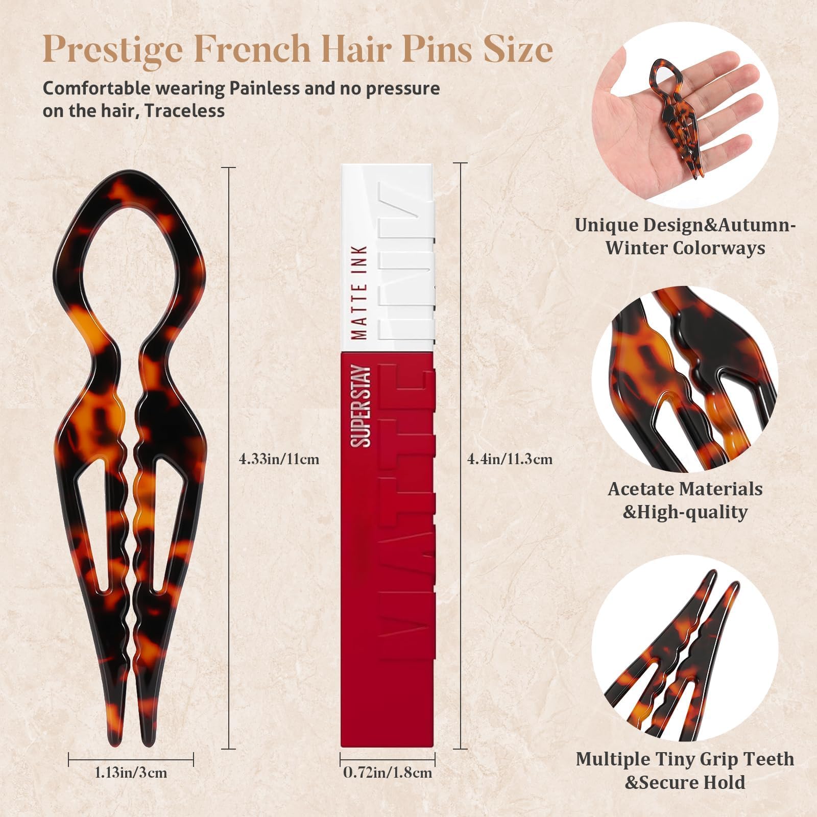 Premium four-piece Sunolga hairpins set in assorted elegant shades layout on a clean background