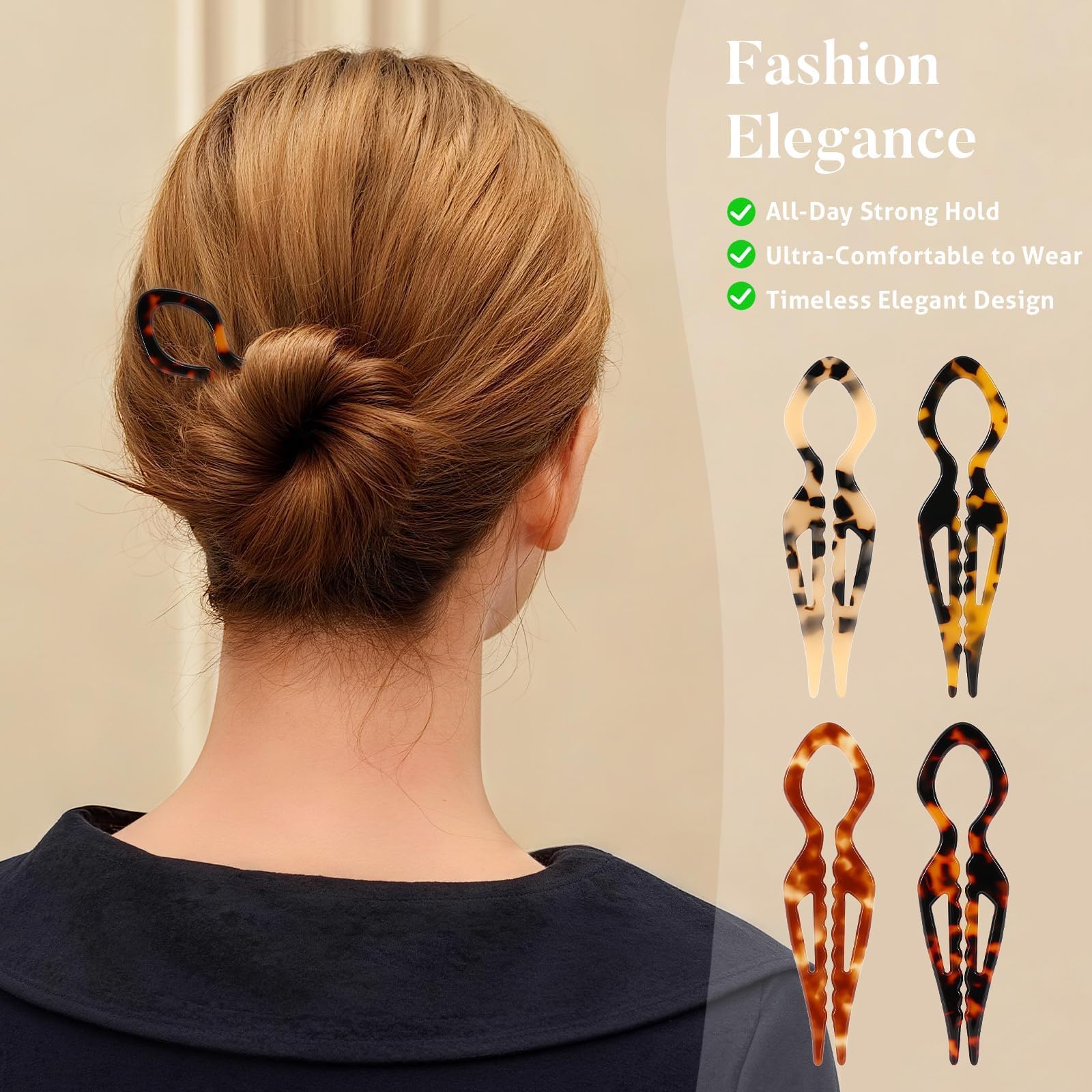 Model demonstrating a secure messy bun updo using a large cellulose acetate hair fork clip