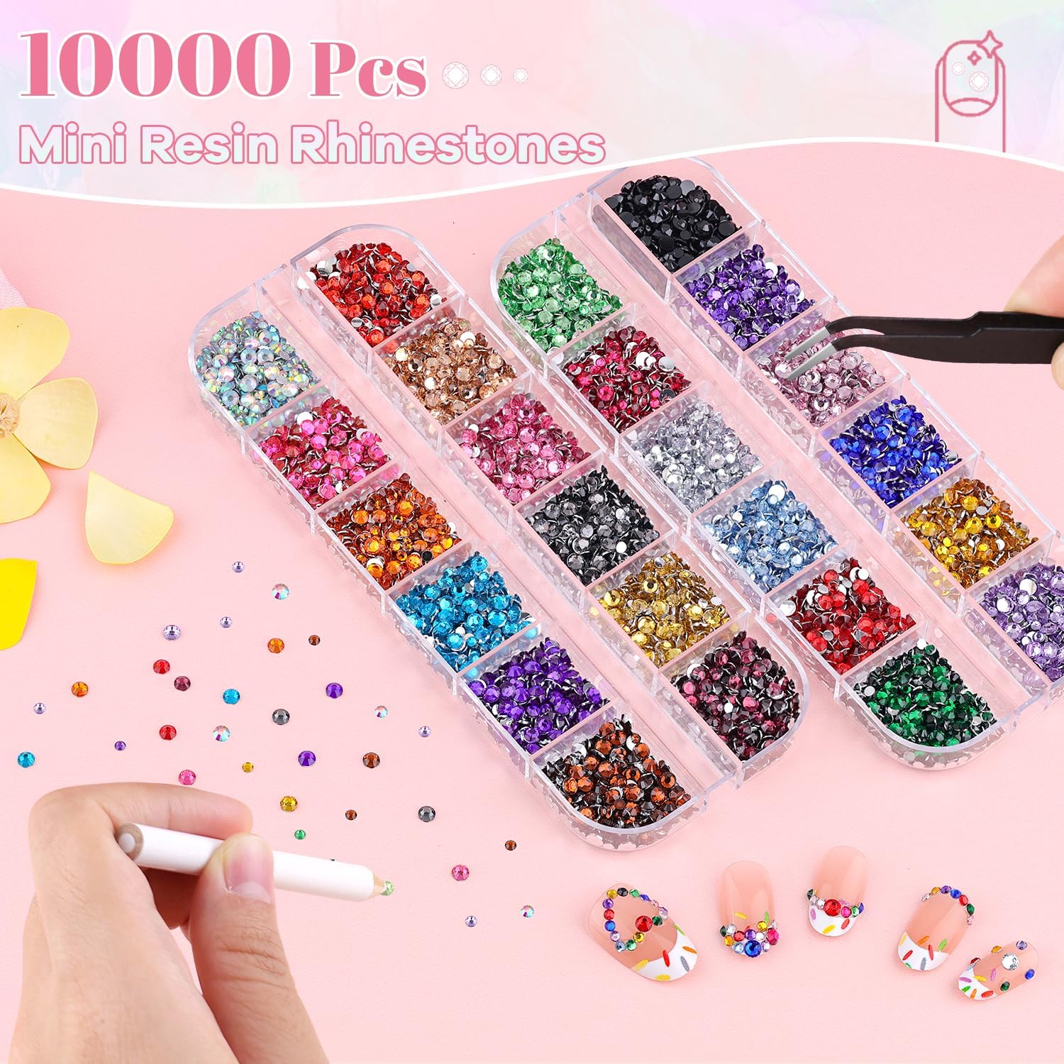 Close up of colorful 2mm and 3mm flatback nail gems