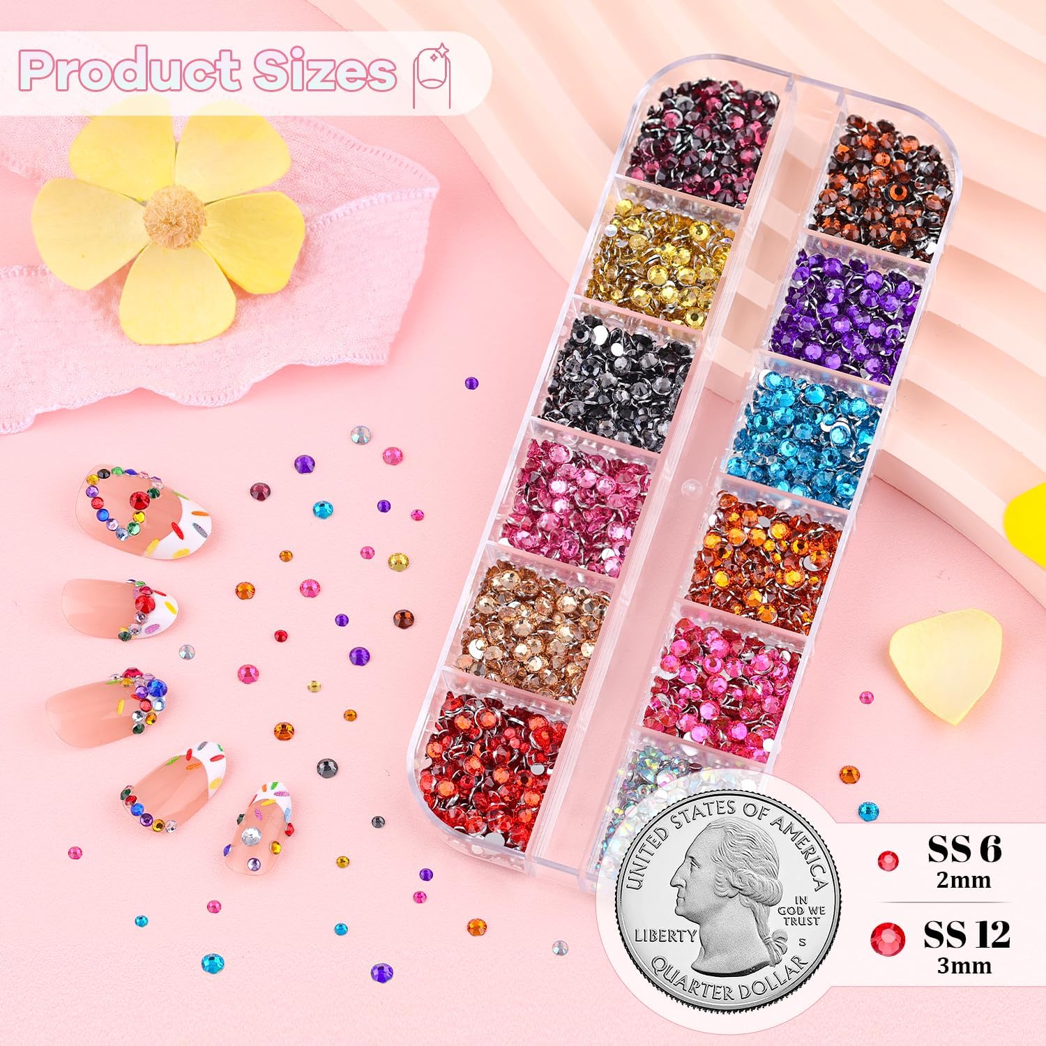 Pre-sorted 12 color storage container for nail rhinestones