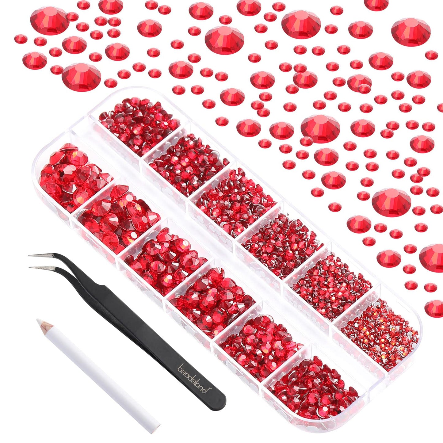 Close up view of Siam red rhinestones in various sizes.