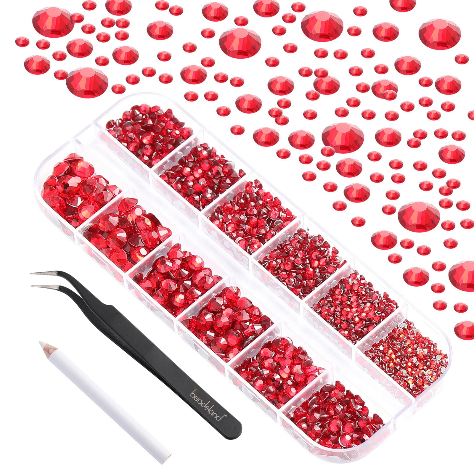 Close up view of Siam red rhinestones in various sizes.