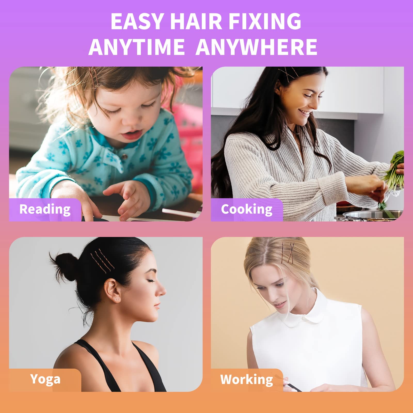 Close up view of high elasticity coated metal bobby pins for secure hairstyle grip