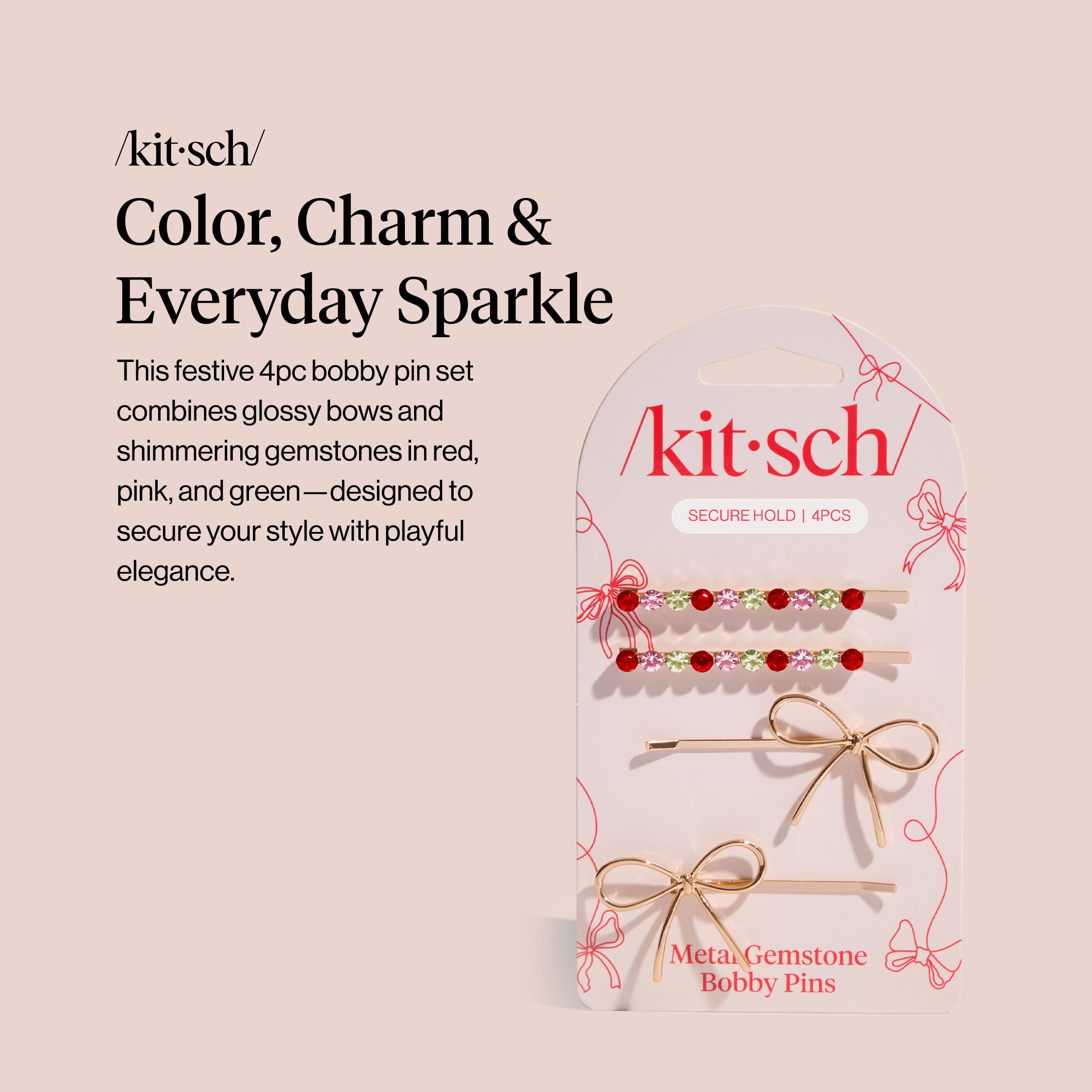 Four piece set of Kitsch decorative hair pins with red pink and green gems