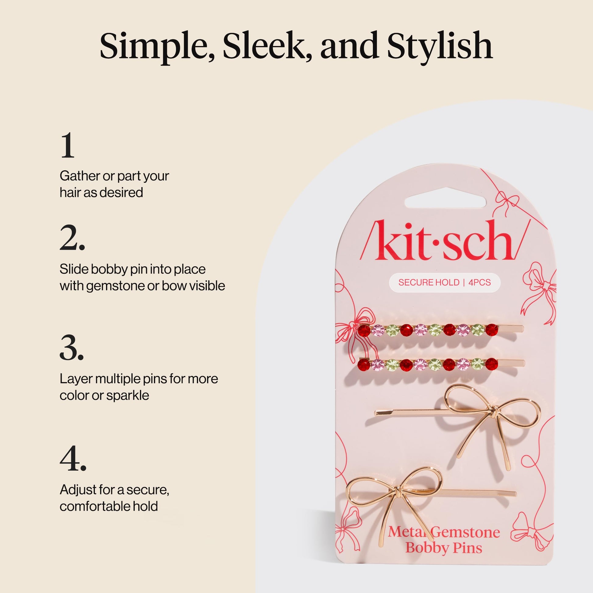 Decorative gemstone bobby pins by Kitsch used for pinning back side bangs