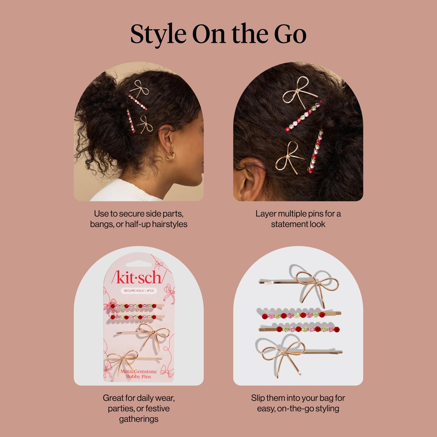 Kitsch metal bow hair accessories packaging view showing four decorative pins