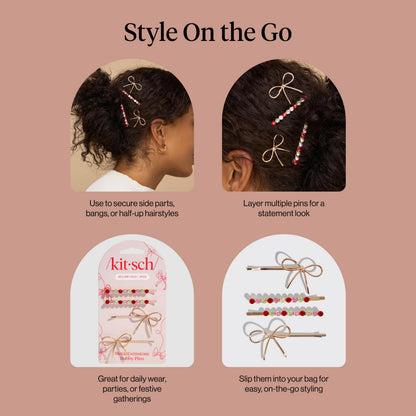 Kitsch metal bow hair accessories packaging view showing four decorative pins