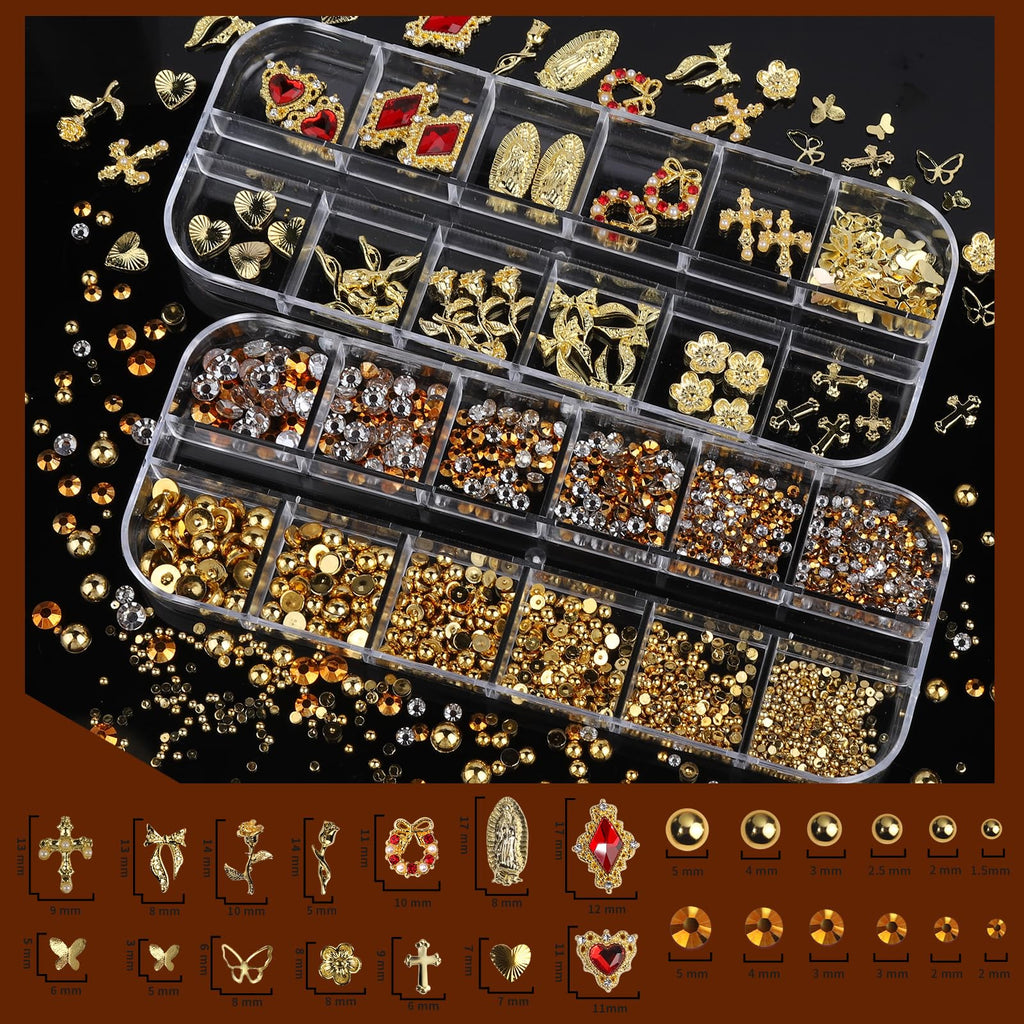 Close up of 3D metallic gold nail art charms and shapes