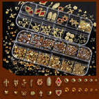 Close up of 3D metallic gold nail art charms and shapes