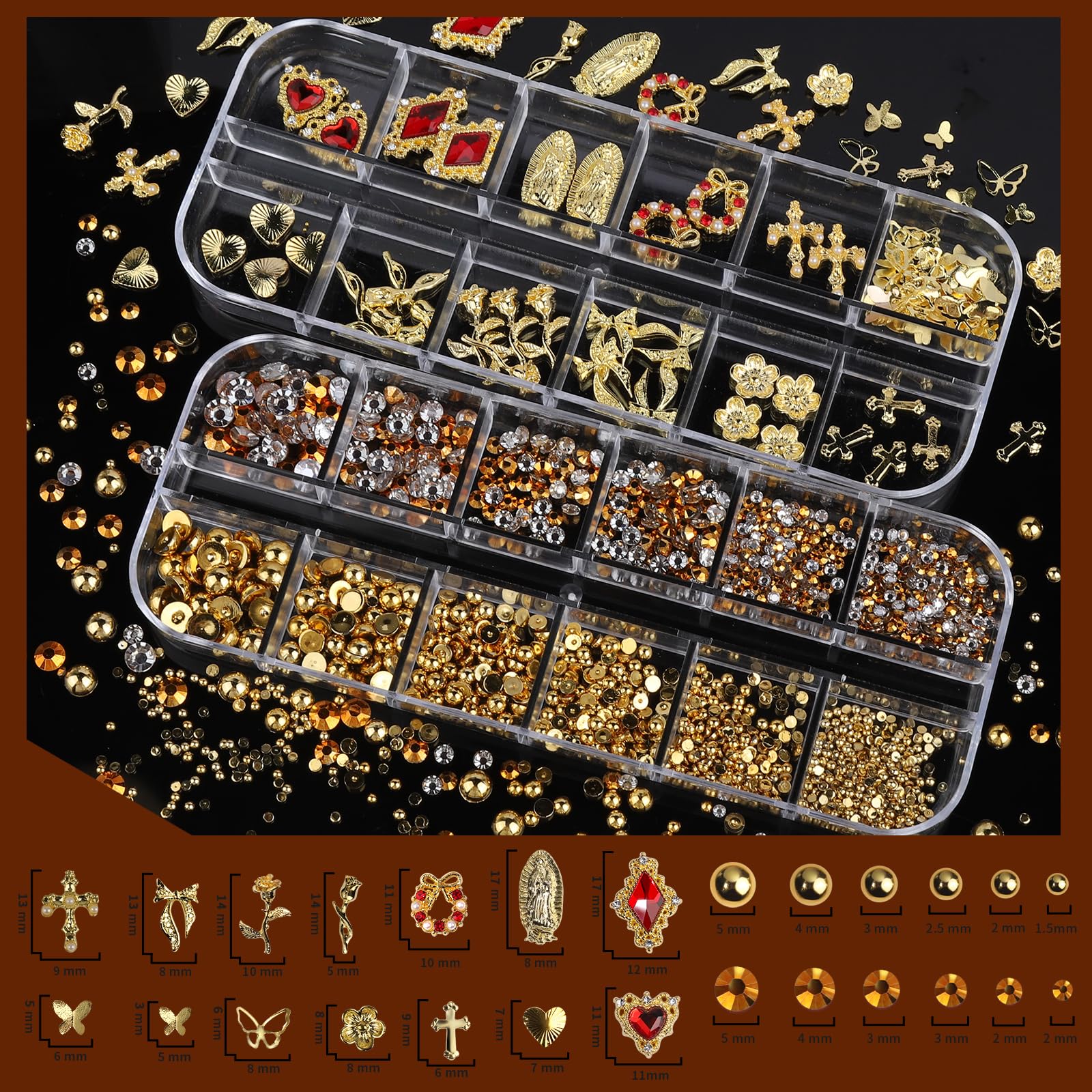 Nymora gold nail art charms including 3D crosses and heart shapes