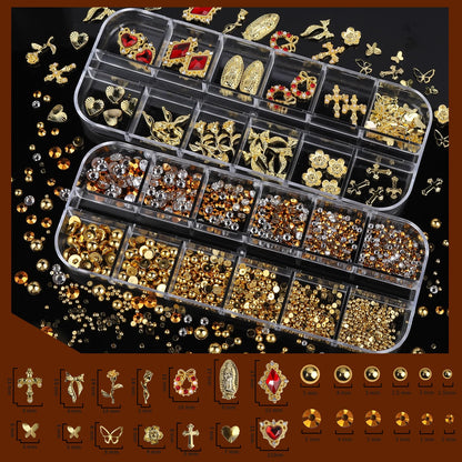 Nymora gold nail art charms including 3D crosses and heart shapes