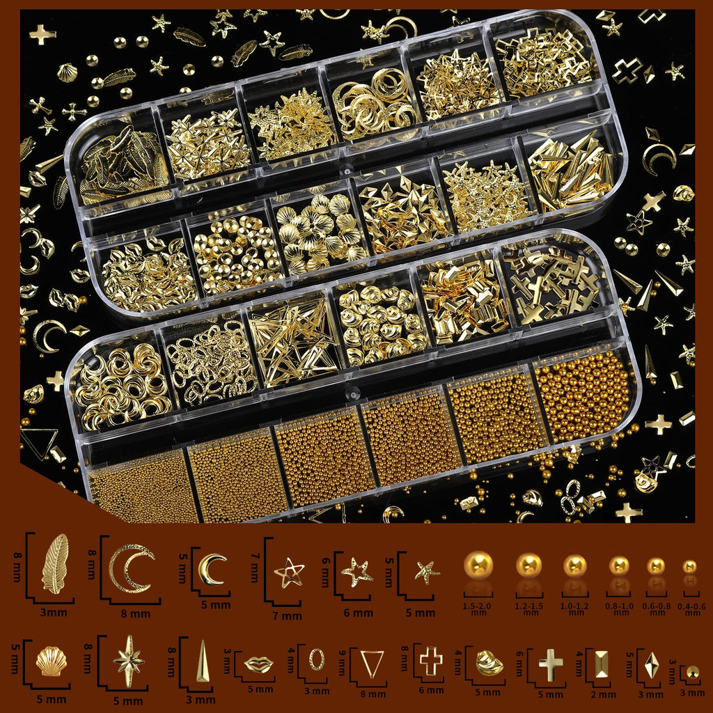 Assorted gold pearls and flatback rhinestones for manicures