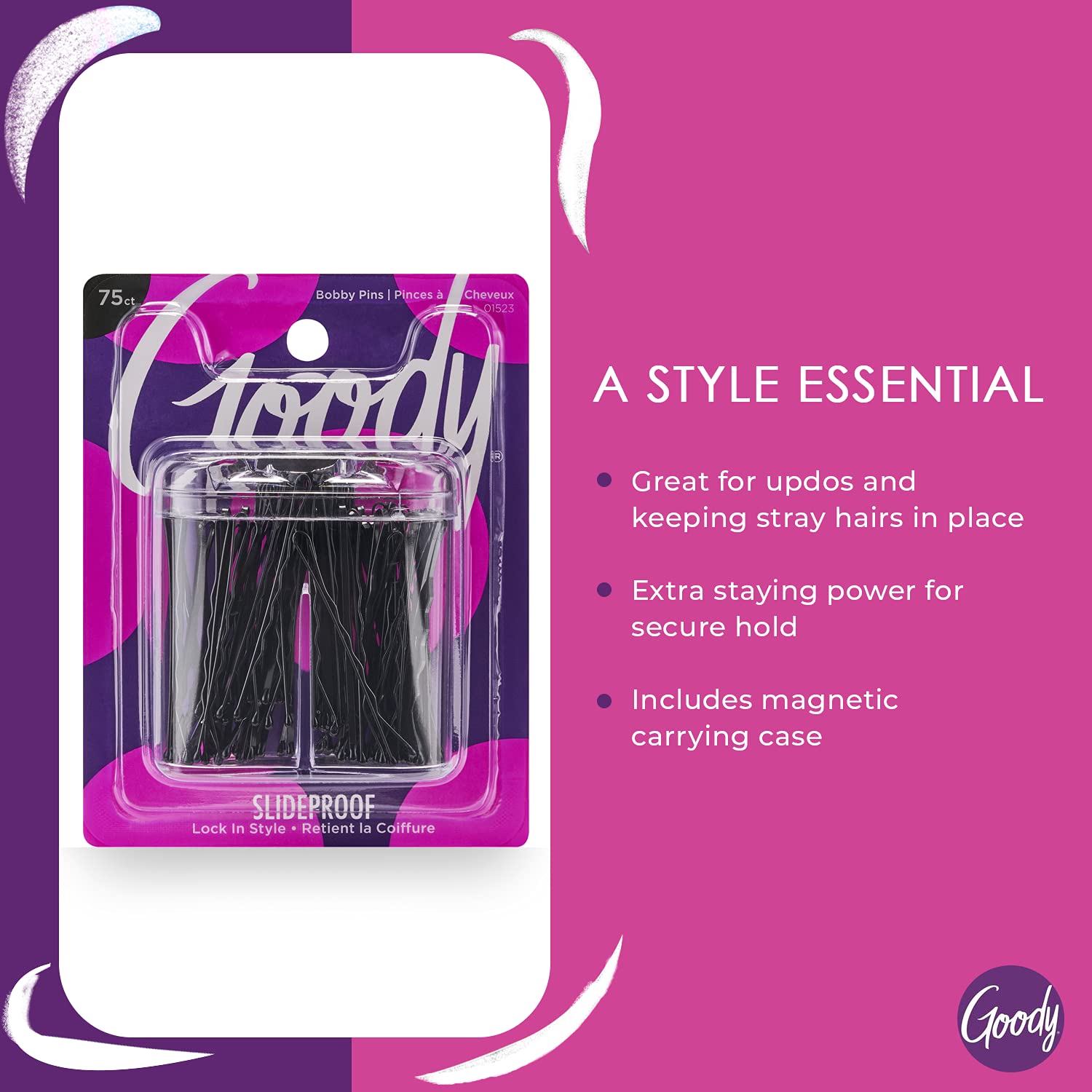 Close up view of the secure grip design and pain free comfort tips on Goody bobby pins
