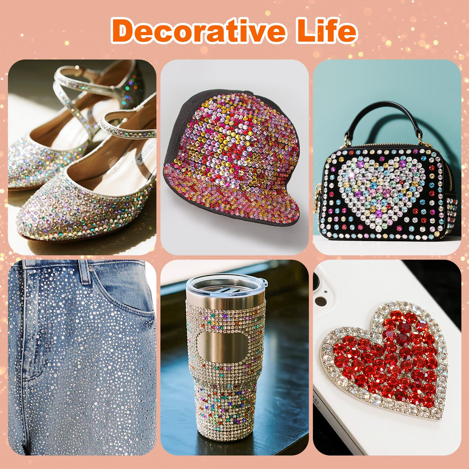 Bedazzling kit gems displayed on a variety of craft surfaces