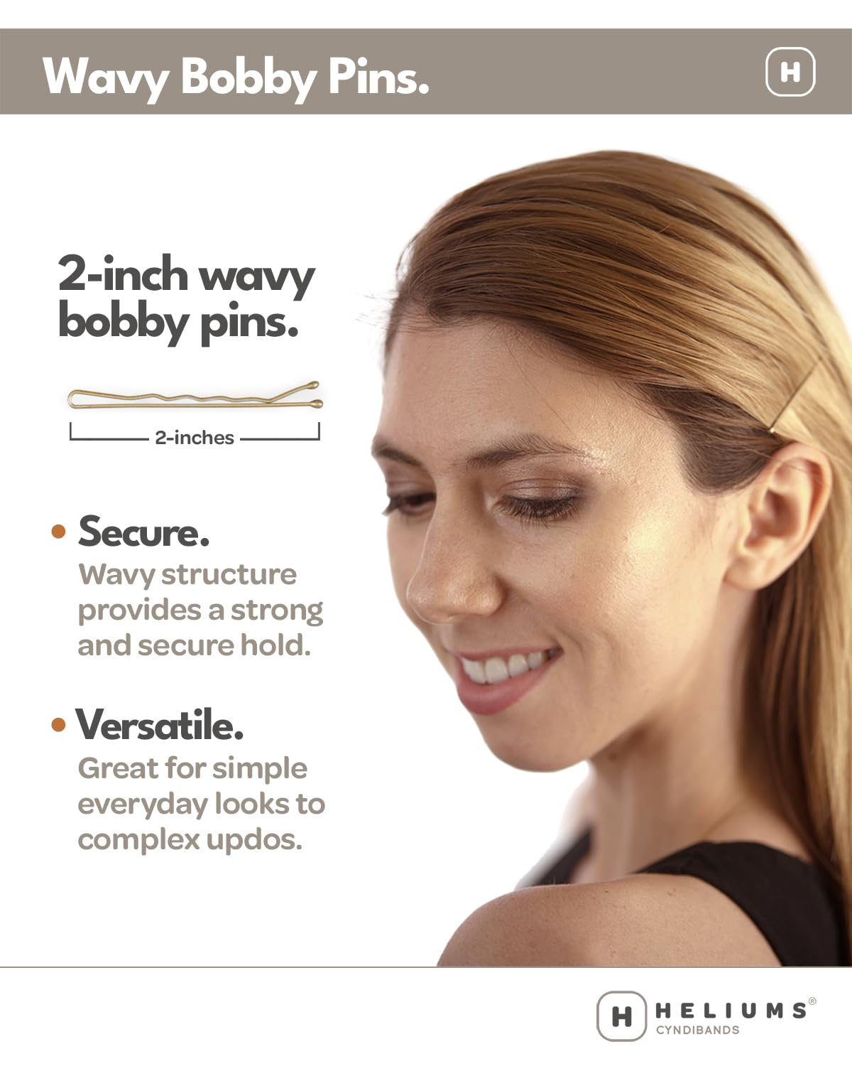 Heliums two inch wavy hair pins matte metallic finish close up
