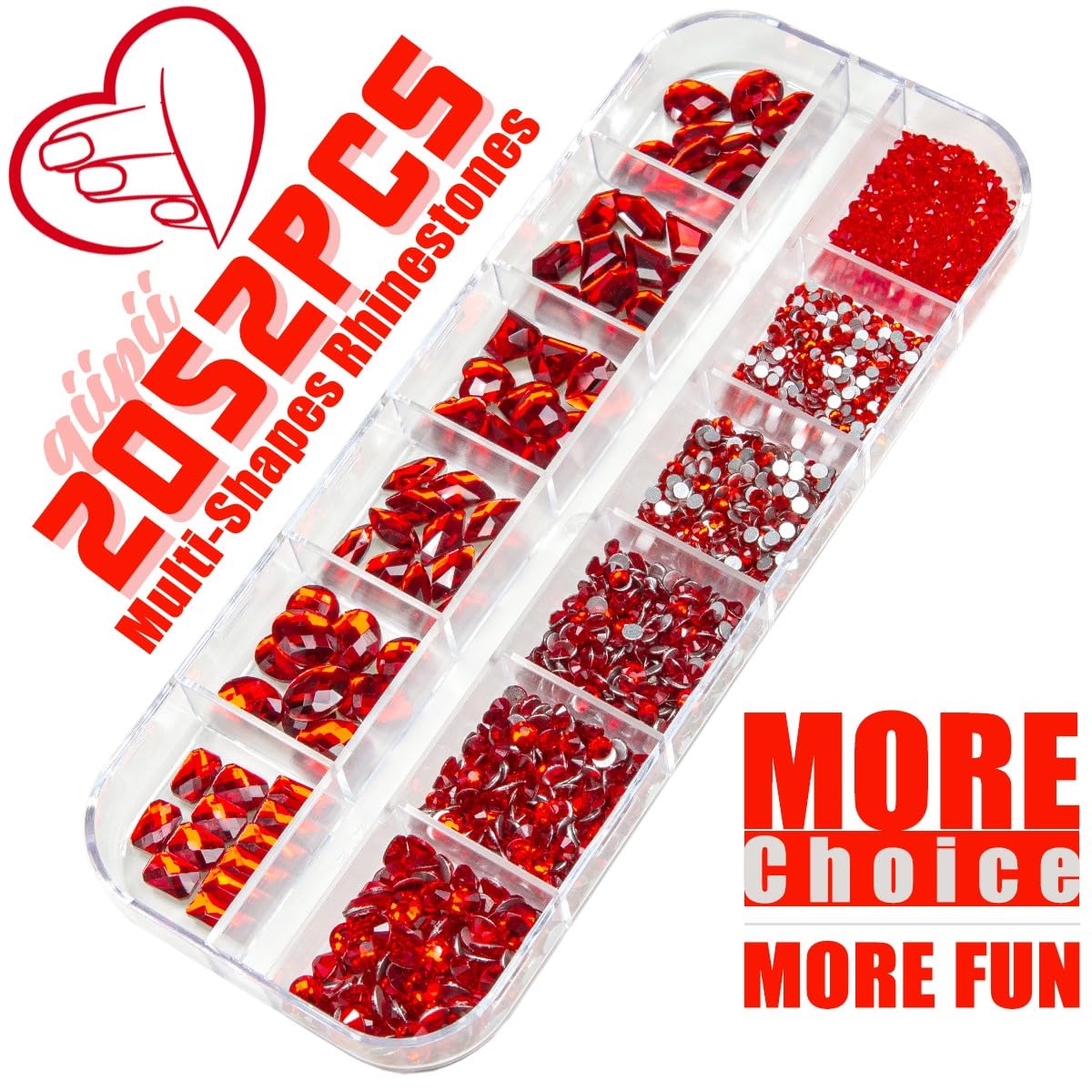 Close up of multi shaped K9 glass red nail gems