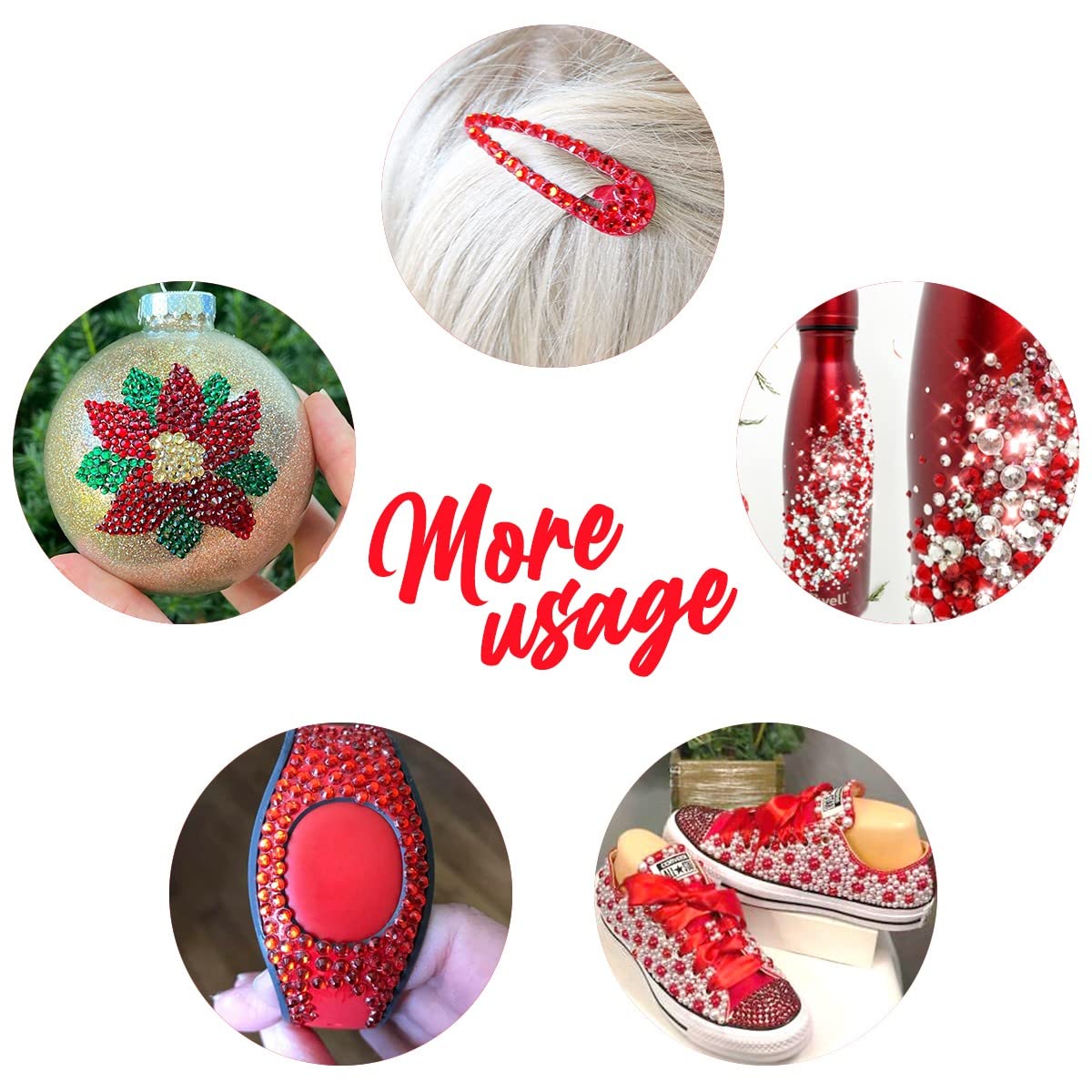 Professional nail art manicure using red flatback rhinestones