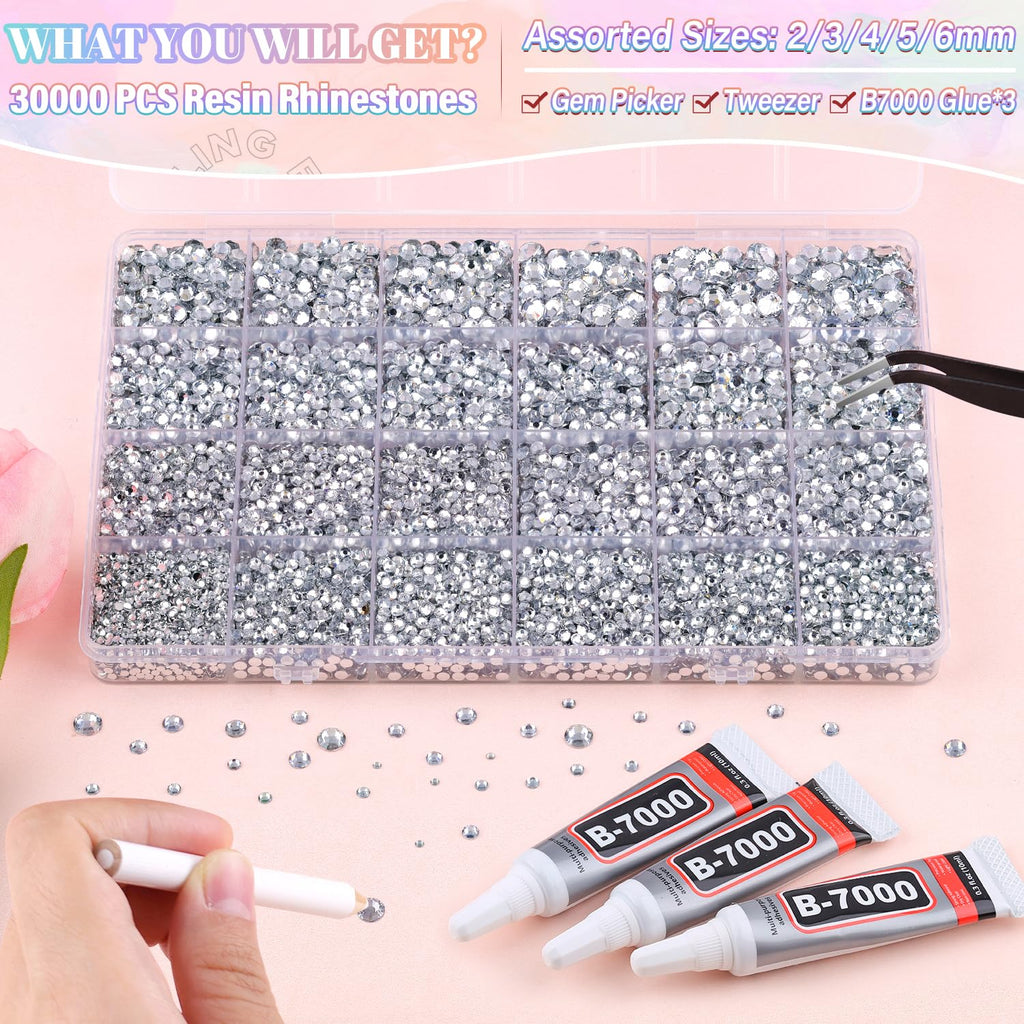 Belleboost 30000 pieces resin rhinestone kit 24 grid storage box