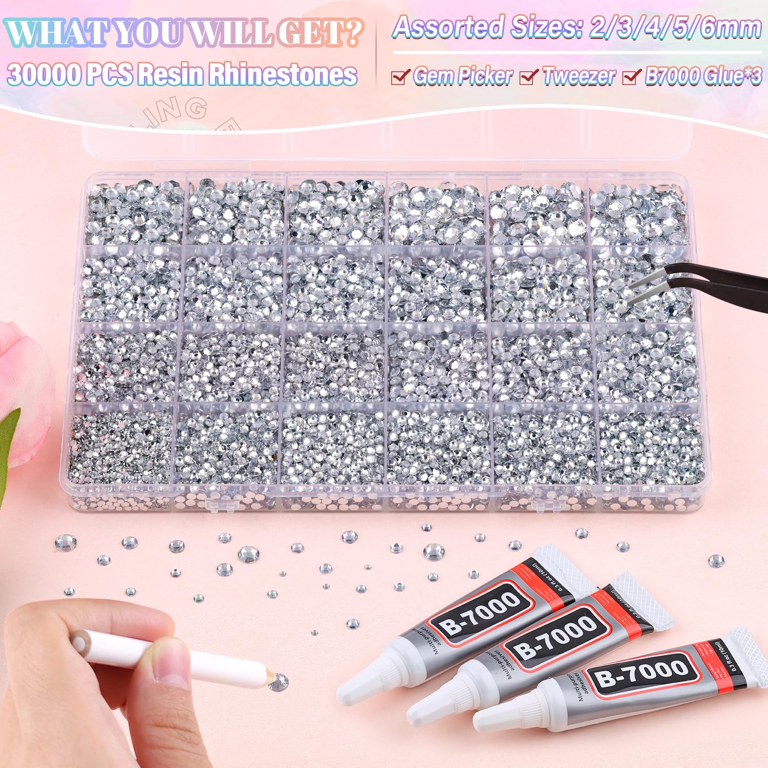 Close up of silver clear flatback rhinestones in storage grid
