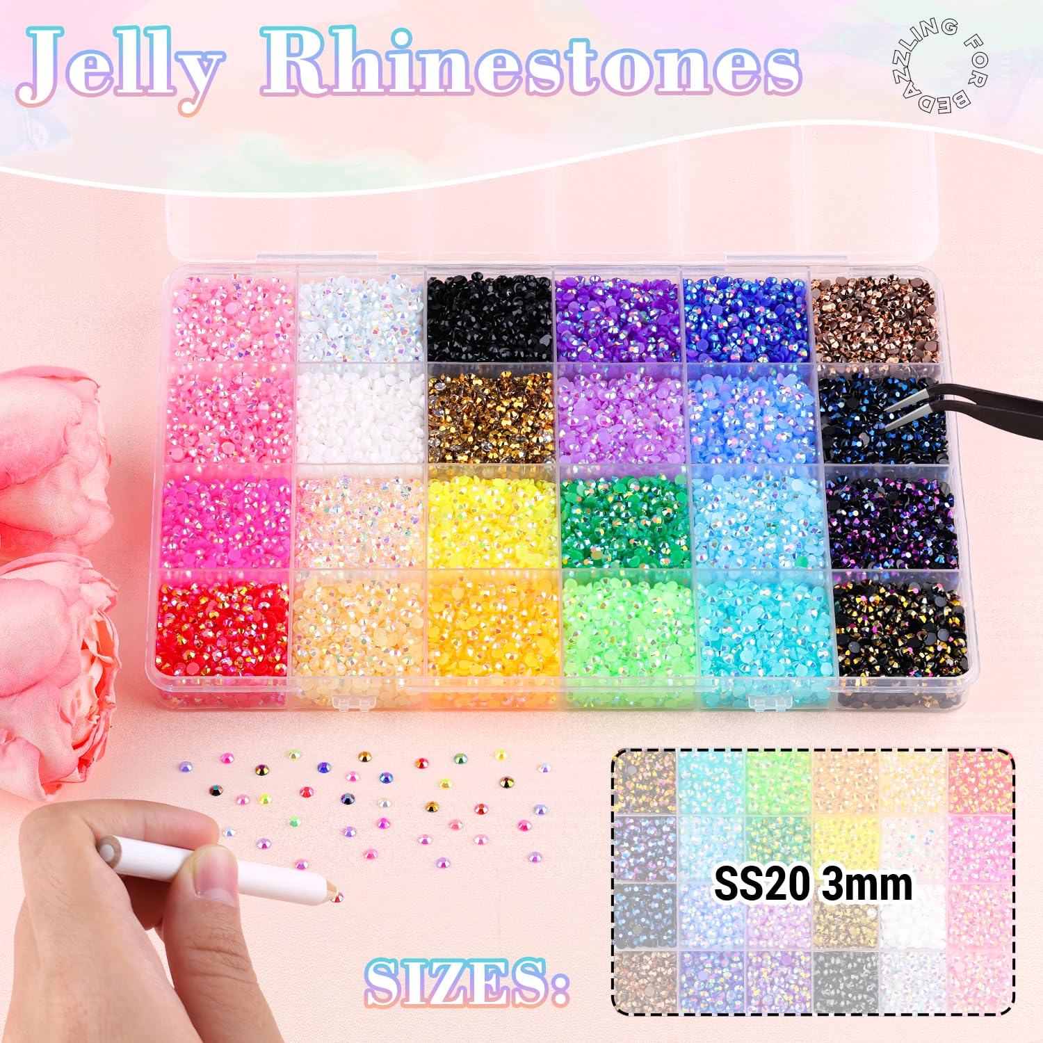 Close up of 3mm multicolor flatback resin rhinestones in storage box