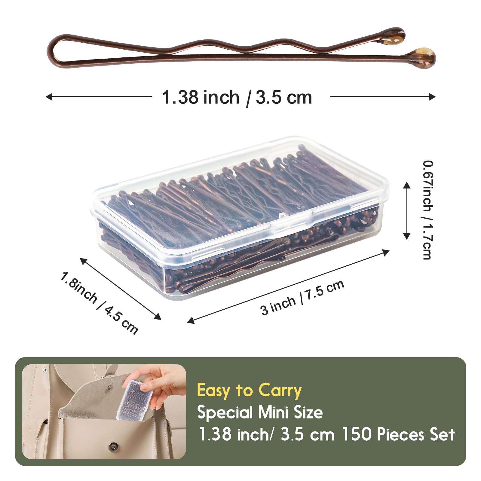 Small 1.38 inch hair pins inside the clear plastic storage box