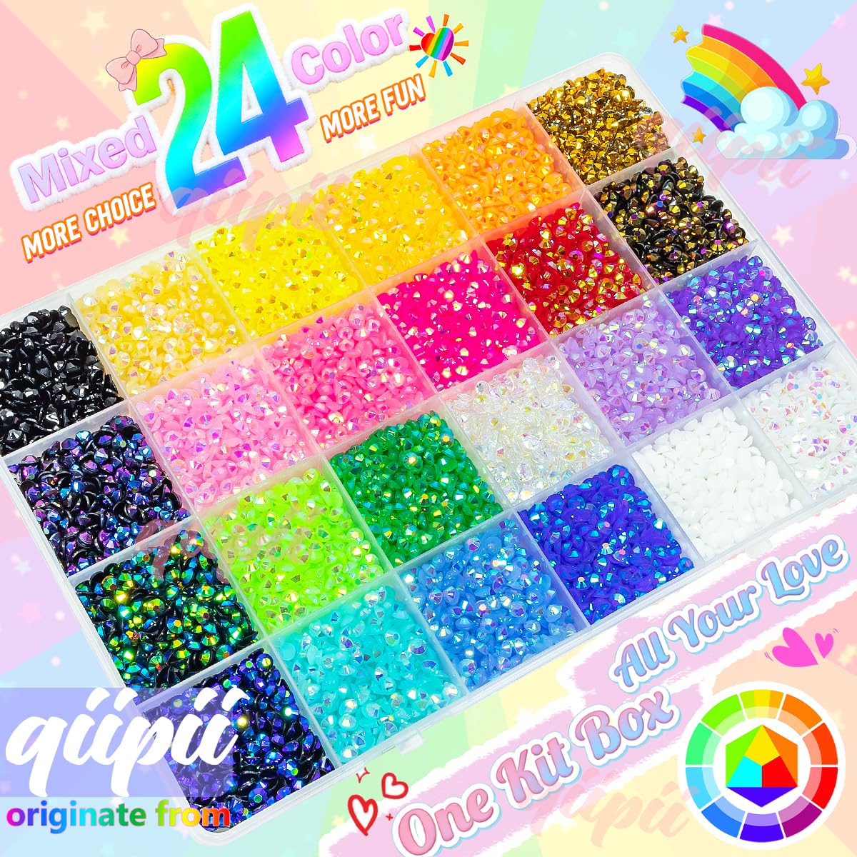 Qiipii 3mm flatback resin gems arranged in color grid