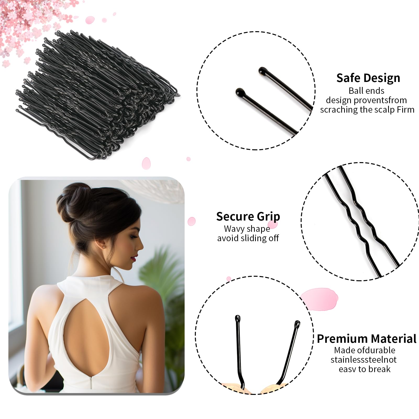 Close up view of wavy design and protective round ball tips on DySaLic hairdressing pins
