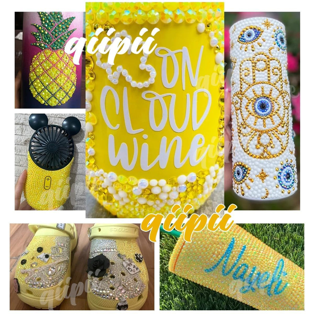 Qiipii rhinestone craft kit displayed with decorated phone case example